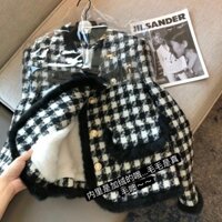 Houndstooth Len Áo Khoác Nữ Mùa Đông Phong Cách Mới Lông Cừu Lót Dày Lông chồn Đen Trắng Kẻ Sọc Áo khoác Ngoài Mặc