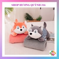 (HQ)Bộ chăn gối văn phòng Mền Gối Gấu Bông Chó Husky Mặt Ngáo 3 Trong 1