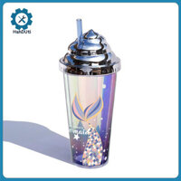 Hshduti 420ml Kính nước nhẹ cho cốc ống hút miệng rộng gia đình Tường đôi