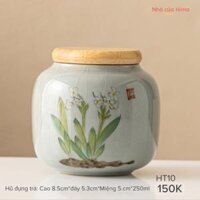 HT10.1 Hũ trà hoa thuỷ tiên vẽ tay men rạn 200gr (không hộp)