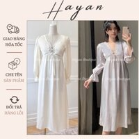 HT186 Váy ngủ sexy dài tay tiểu thư xẻ ngực, đầm ngủ lụa viền ren dáng xoè sang chảnh HT186