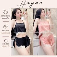 HT208 Bộ ngủ sexy 2 dây lụa hách dáng, đồ ngủ lụa phối ren xẻ hông gợi cảm HT208