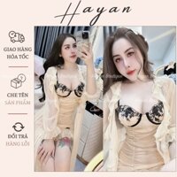 HT407 Set váy ngủ và áo choàng hoa ren xuyên thấu có GỌNG kèm đại kẹp tất HT407(123+298)
