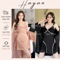 HT408 Set váy ngủ và áo choàng sexy phối ren hoa viền kèm ĐỆM LÓT triết eo tôn dáng HT408(139+202)