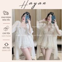 HT456 Set váy ngủ và áo choàng sexy tiểu thư phối hoạ tiết hoa hồng, đồ ngủ ren dáng xoè tôn dáng HT456 (298+289)