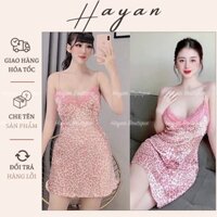 HT46 Váy ngủ sexy lụa da beo HỒNG sang chảnh kèm ĐỆM LÓT, đầm ngủ quyến rũ HT46 MÚT