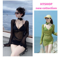 HTSHOP-Set bikini 3 mảnh gợi cảm đồ bơi thun lưới gồm áo ngoài cổ trễ ,áo bra và quần tam giác kèm chocker hàng QC