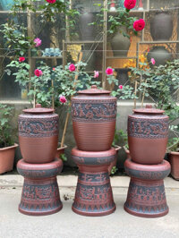 Hũ Đựng Gạo Gốm Mộc Hoạ Tiết Trống Đồng Men Hỏa Biến