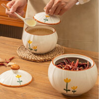 Hũ Đựng Mỡ Bằng Gốm Sứ Tặng Kèm Thìa Hoạ Tiết Hoa
