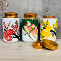 Hũ Đựng Trà Hoa Nổi 3D-Trụ-Nắp Đồng-Bát Tràng-in logo theo yêu cầu,Bình cà phê-Hộp chè khô Decor,Lọ sứ thảo mộcGốmNgôGia