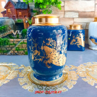 Hũ Đựng Trà, lọ đựng chè gốm sứ Bát Tràng cao cấp họa tiết vẽ vàng 18k - Hộp Bí xanh ngọc tài lộc