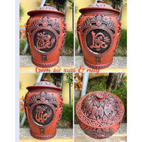 Hũ Gạo, Chĩnh Gạo cao cấp, Hũ đựng gạo phong thuỷ, chum sành đựng gạo khắc nổi Phúc - Lộc - Thọ gốm Bát Tràng cao cấp G1