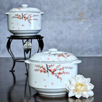Hũ sứ chưng yến, thố sứ chưng yến Bát Tràng cao cấp, hũ sứ có nắp men kem vẽ hoa thủ công