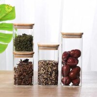 Hũ Thủy Tinh Đựng Hạt và Trà, Nắp Bằng Gỗ - Gốm Sứ Luxury Đựng Gia Vị