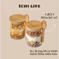 Hũ Thủy Tinh Kèm Thìa Gỗ Đựng Gia Vị, Lọ Thủy Tinh Đựng Hạt Khô, Yến Mạch Có Mút Cao Su Chống Ẩm - Ichi.life