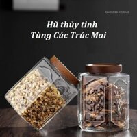 Hũ thủy tinh nắp gỗ Tùng Cúc Trúc Mai, Hũ đựng trà, đồ khô, - thủy tinh cao cấp không chì