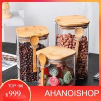 Hũ thuỷ tinh nắp gỗ vuông kèm thìa (NL)