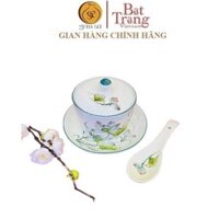Hũ tròn có nắp đựng bánh trôi chay, chè, yến chưng kèm đĩa và thìa