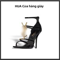 HUAHUA Giày Cao Gót Hở Mũi Màu Đen In Chữ Phong Cách Quyến Rũ