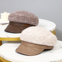 Huaqiao Hỗn Hợp Màu Len Đan Khâu Mờ Da Vành Mũ Retro Mũ Cổ Điển Nữ Newsboy Mũ YS + 1MZ