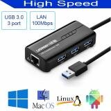 HUB chia USB 3.0 3 cổng và 1 cổng LAN 100Mbps có hỗ trợ nguồn ngoài DC5V 30Cm UGREEN 20266 (màu đen vỏ nhựa)