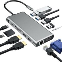 Hub Chuyển Đổi 12 Trong 1 USB Type C Sang 2 HDMI 4K VGA RJ45 Lan Ethernet SD TF PD USB-C 3.0 3.5mm Cho MacBook Pro OTG