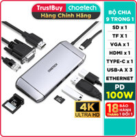 HUB Chuyển Đổi 9 in 1 Type C To HDMI 4K/ PD 100W/ USB 3.0/ Rj45 Ethernet/ VGA/ TF/ SD CHOETECH HUB-M15 - Hàng Chính Hãng