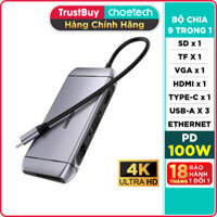 HUB Chuyển Đổi 9 Trong 1 USB Type C To HDMI 4K/ PD 100W/ USB 3.0/ Rj45 Ethernet/ VGA/ TF/ SD CHOETECH HUB-M15