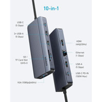 Hub chuyển đổi Anker USB C Dual-Display 10 in 1 A83C2, Hỗ trợ HDMI 4K@30Hz 1080p VGA, PD 100W, 5Gbps(nobox)