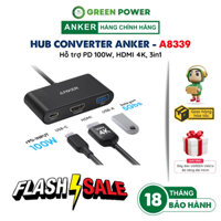 Hub chuyển đổi ANKER USB-C 3-in-1 Hỗ trợ PD 100W, HDMI 4K@30Hz, truyền dữ liệu - A8339 Hàng chính hãng