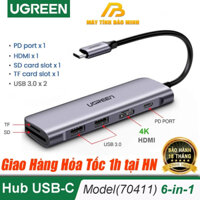 Hub USB C 6 in 1 Ugreen 70411 (USB Tye C ra HDMI + 2USB3.0+SD/TF+PD100W) - Chính Hãng BH 18 tháng