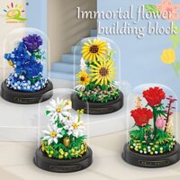 HUIQIBAO Sunflower Red Rose Immortal Flower Potted Micro Building 3D Bouquet MOC Bricks