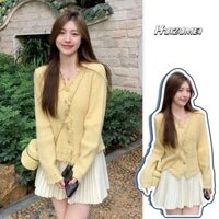 HUIZUMEI Áo len nữ cổ chữ v màu vàng Áo len viền thô Mặc bên trong Áo len dệt kim Slim fit top