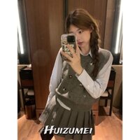 HUIZUMEI Nữ Dệt Kim Top Set Mèo Con Thêu Phong Cách Đại Học Dệt Kim Áo Tính Khí Màu Xám Bộ Hai Mảnh