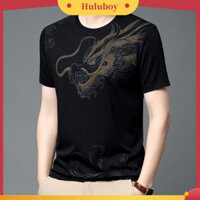 Huluboy| Áo thun vải thun thoáng khí Áo thun in hình rồng nam in hình rồng liền mạch Cổ chữ O Áo thun tập thể dục nhẹ thoáng khí nhanh khô cho mùa hè Đông Nam