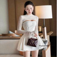 HƯƠNG GIANG BOUTIQUE • “ Hib Set “ Váy gấm cúp ngực thiết kế dáng ngắn xoè tiểu thư mix áo choàng ren dài tay sang chảnh