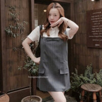 HƯƠNG GIANG BOUTIQUE • “ Leri Set “ Váy yếm kẻ sọc đính nơ thiết kế dáng xuông mix áo sơmi cộc tay trẻ trung năng động
