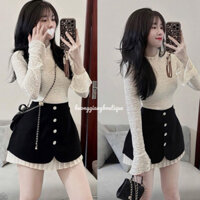 HƯƠNG GIANG BOUTIQUE • “ Mango Set “ Áo ren lưới cổ tròn phối chân váy chéo pha dập ly đính khuy tiểu thư sang chảnh