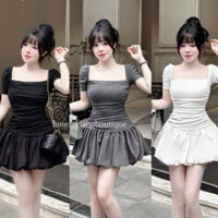 HƯƠNG GIANG BOUTIQUE • “ Melon Dress “ Váy nữ TK nhún eo phối chân bồng tiểu thư, Đầm cổ vuông tay ngắn basic đơn giản