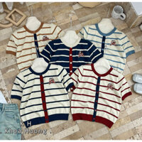 (Hương Muối) Áo cardigan len mỏng phối kẻ cộc tay thêu cún đính nơ