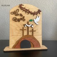 Huxuan Easter "He Is Risen" Cảnh lăng mộ bằng gỗ - Trang trí bàn chữ thập thủ công, Màn hình phục sinh tôn giáo cho nhà RFT