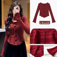 Huy hiệu trung tâm mua sắm thanh lịch Áo len dệt kim màu đỏ tay áo chuông nhỏ mùa thu đôngcardigan
