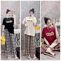 HV - [ XẢ KHO] Set Bộ Đồ Nữ Áo Phông Tay Cộc Phối Quần Kẻ Ống Suông Phong Cách Trẻ Trung Năng Động Chữ Drew