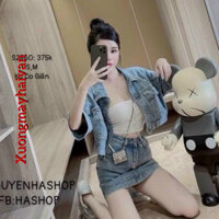 HV -[  XẢ KHO] Set  Bộ Đồ Nữ Jean Áo Croptop Quần Short Trơn 2 Màu