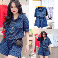 HV -[ XẢ KHO]  Set Bộ Đồ Nữ Jean Áo Sơ Mi 2 Nắp Túi GG Kèm Quần Short Phong Cách Ulzzang Hàn Quốc