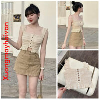 HV - Áo ren cánh tiên cổ vuông cúc gỗ dáng croptop mẫu mới nhất