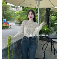 HV - Áo Ren Dài Tay Loe Tiểu Thư Cổ Cao Tay Xòe Mặc Trong Áo Len, Sơmi