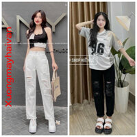 HV - Quần jean baggy  rách cá tính, Quần bò baggy trắng rách gối hai bên cá tính cho nàng