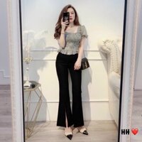 HV- Quần Jean Nữ Ống Loe Xẻ Tà Lưng Cao Đen Trơn Vải Jean Giấy Co Giãn