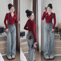 Hv -Quần Jean Suông Trơn Ống Rộng Thêu Tym Đỏ Siêu Hot